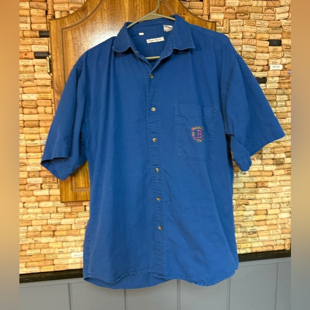 VTG 90’s Bugle Boy cotton Blue Retro Short sleeve button down Logo Crest Sz L